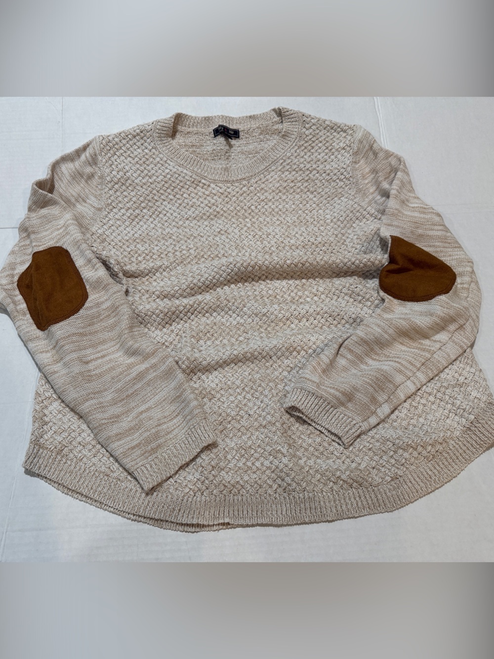 Women’s Cream Textured Crewneck Sweater with Brown Elbow Patches